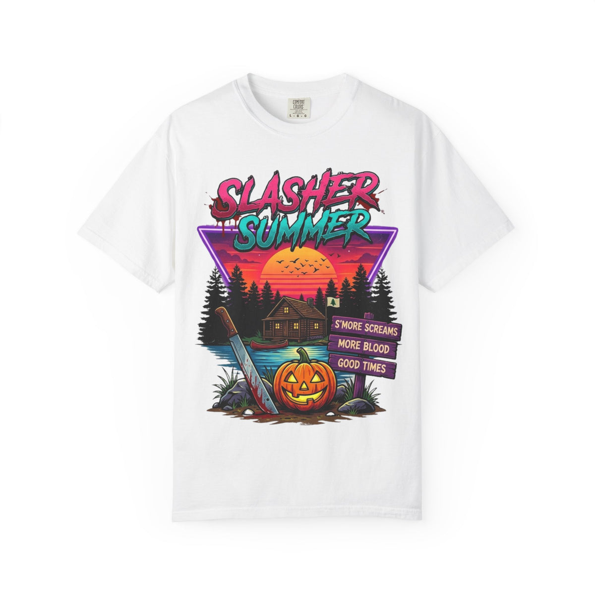 Slasher Summer Graphic T-Shirt — Retro Horror Camp Tee with Pumpkin & Cabin