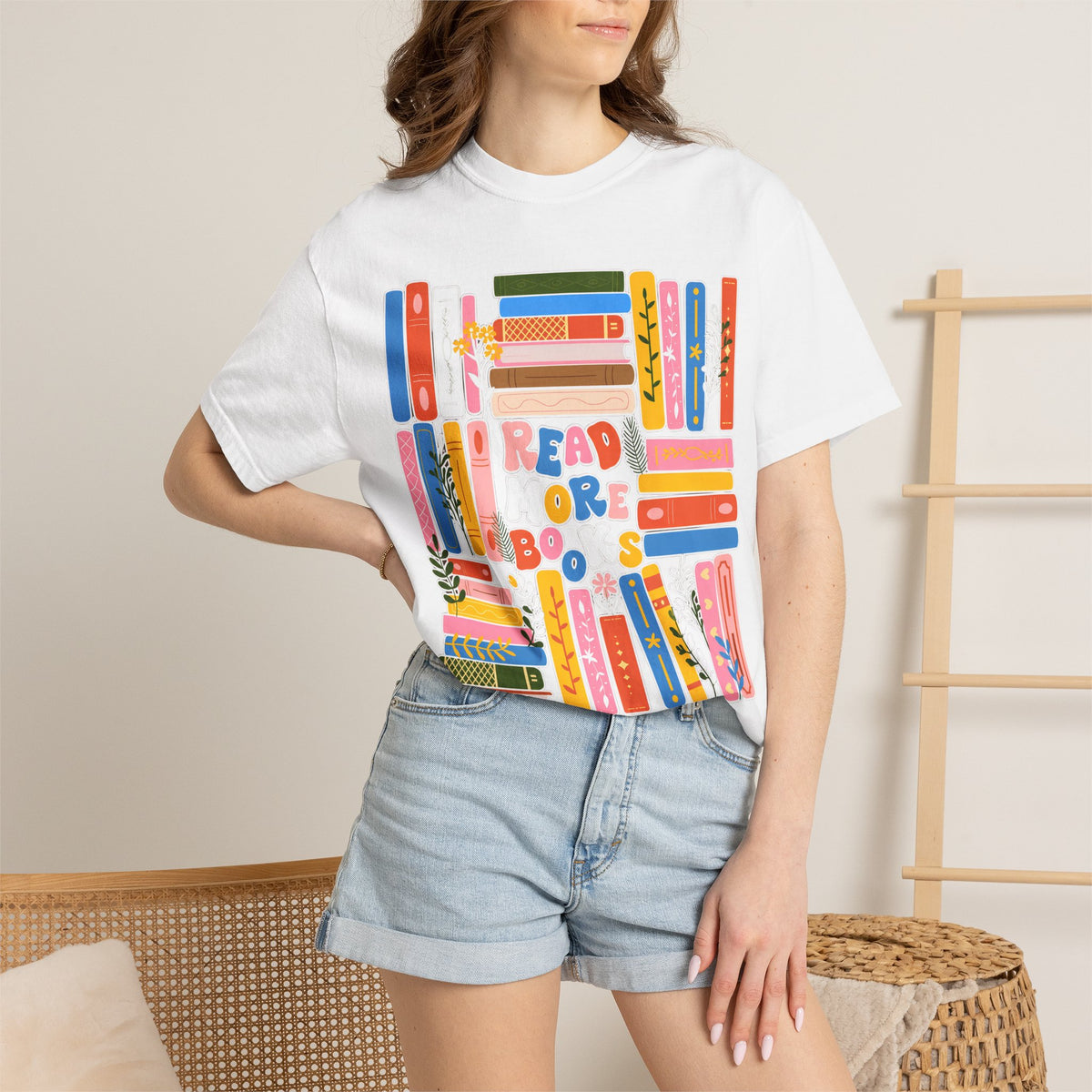Readers Are Books T-Shirt — Colorful Bookshelf Graphic Tee for Book Lovers