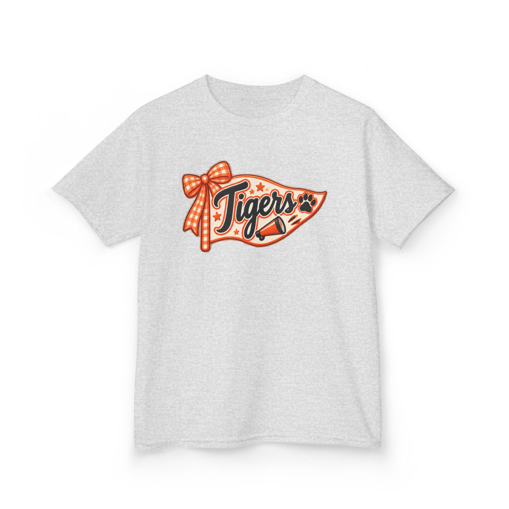 Kids Tigers Pennant T‑Shirt — Cute Orange Bow Vintage Sports Tee