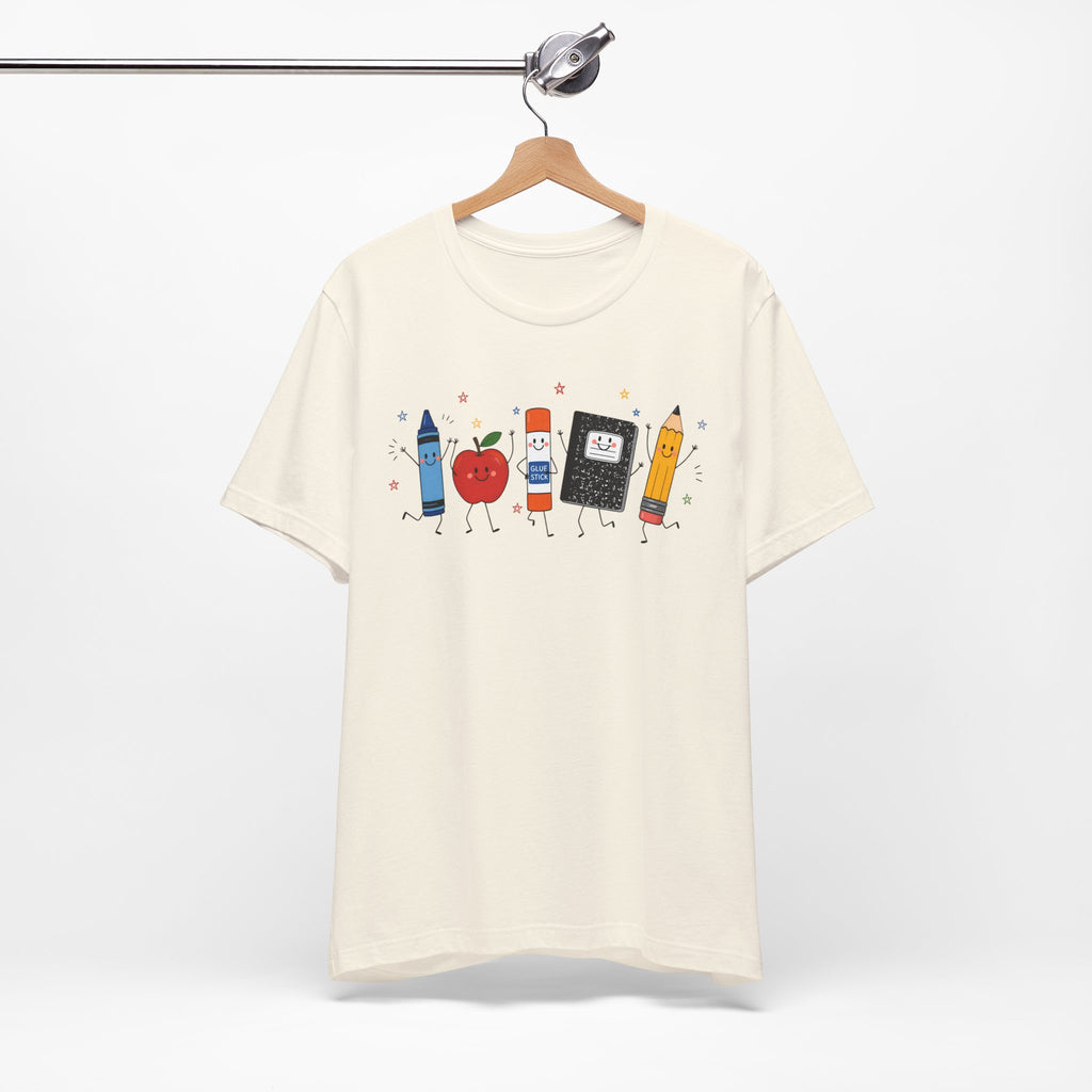 Cute School Supplies T-Shirt — Happy Pencil, Crayon, Eraser & Apple Graphic