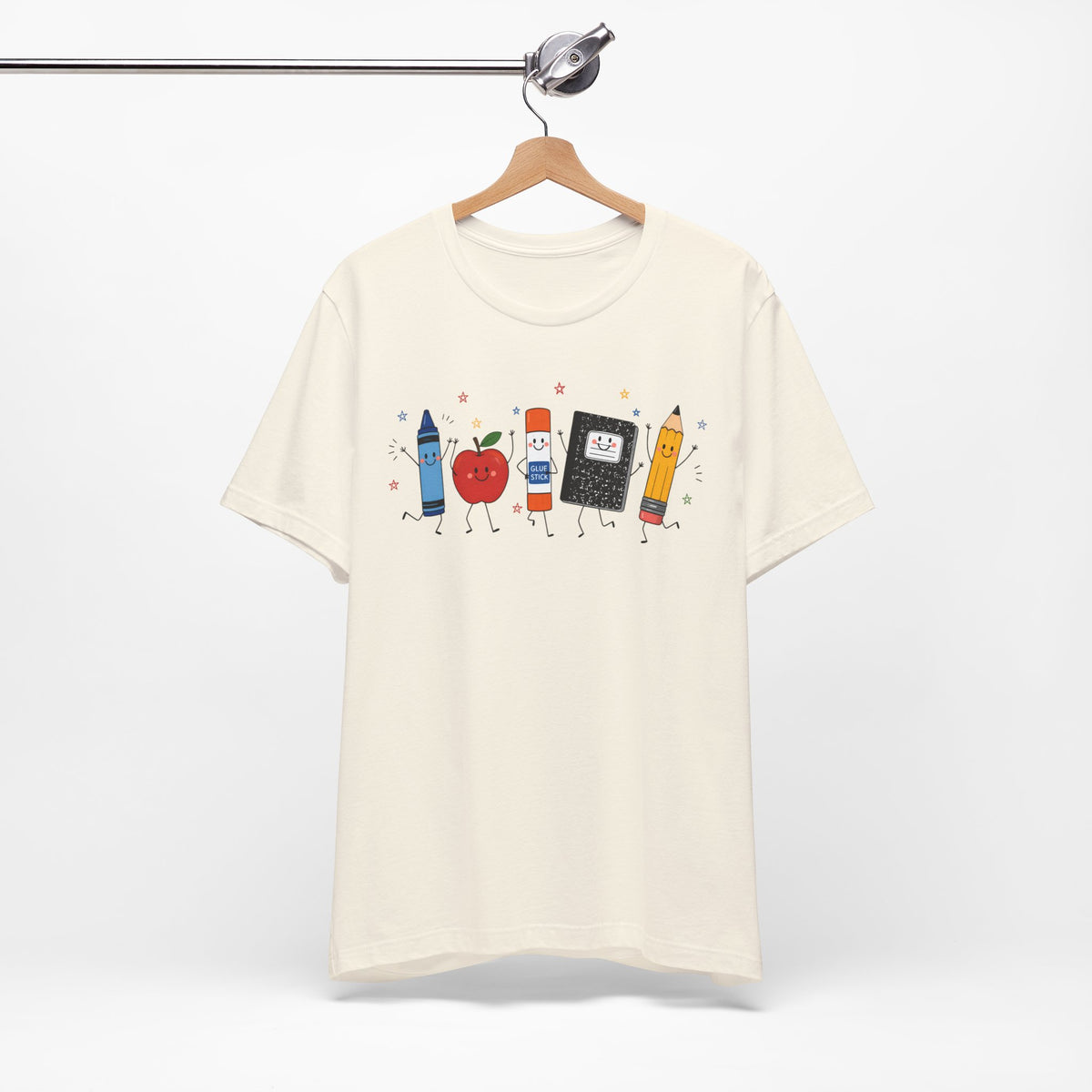 Cute School Supplies T-Shirt — Happy Pencil, Crayon, Eraser & Apple Graphic