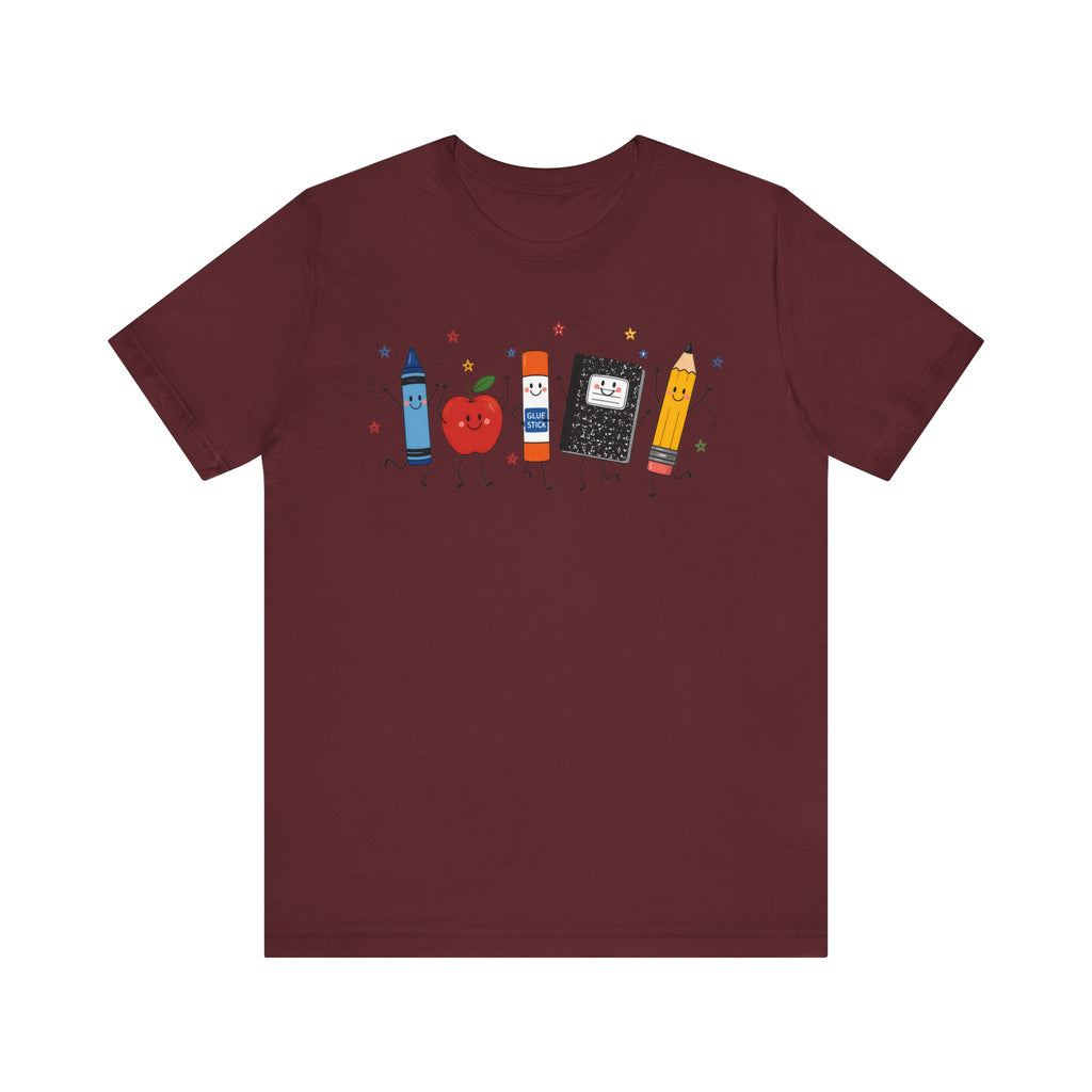 Cute School Supplies T-Shirt — Happy Pencil, Crayon, Eraser & Apple Graphic