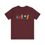 Cute School Supplies T-Shirt — Happy Pencil, Crayon, Eraser & Apple Graphic