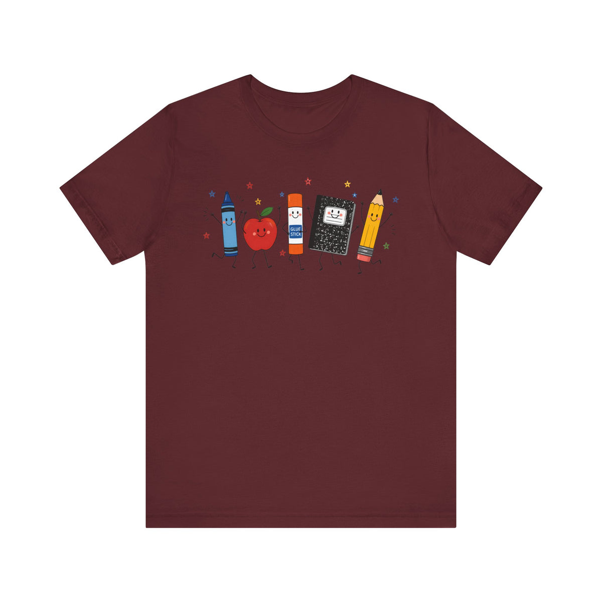 Cute School Supplies T-Shirt — Happy Pencil, Crayon, Eraser & Apple Graphic