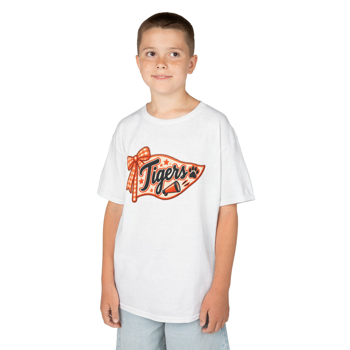 Kids Tigers Pennant T‑Shirt — Cute Orange Bow Vintage Sports Tee