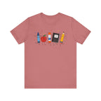 Cute School Supplies T-Shirt — Happy Pencil, Crayon, Eraser & Apple Graphic
