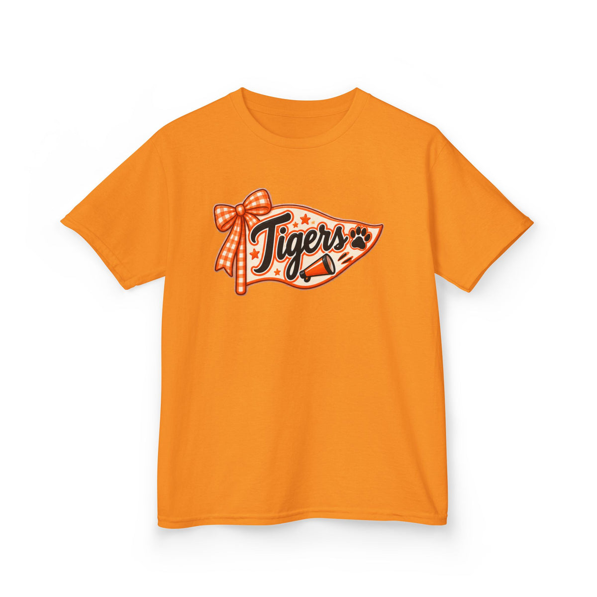 Kids Tigers Pennant T‑Shirt — Cute Orange Bow Vintage Sports Tee