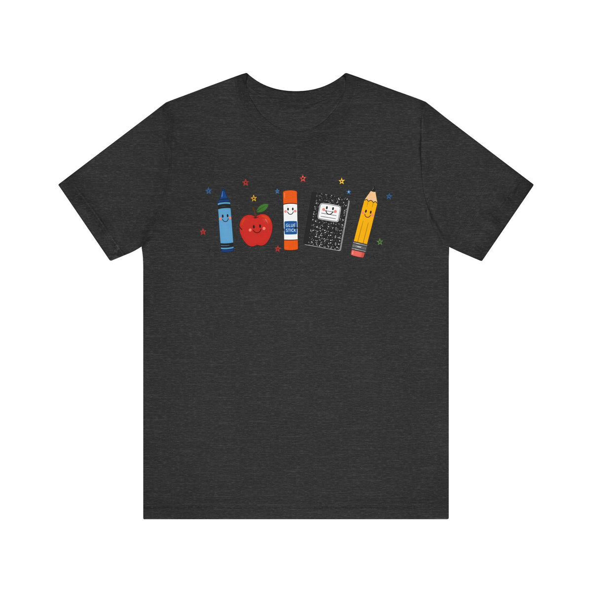 Cute School Supplies T-Shirt — Happy Pencil, Crayon, Eraser & Apple Graphic