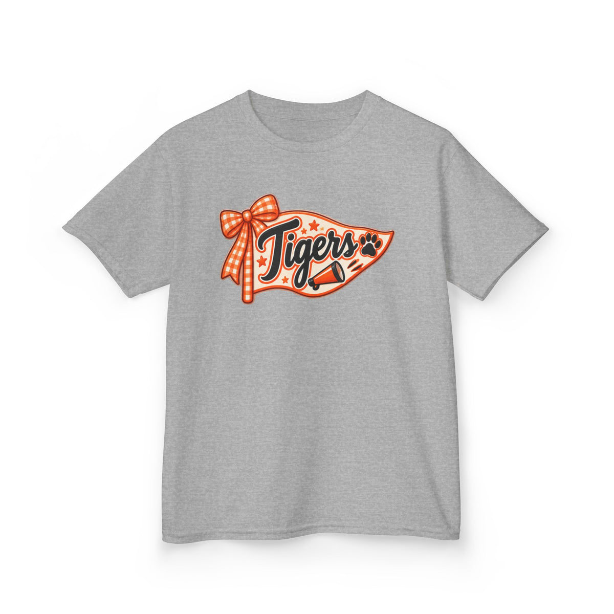 Kids Tigers Pennant T‑Shirt — Cute Orange Bow Vintage Sports Tee